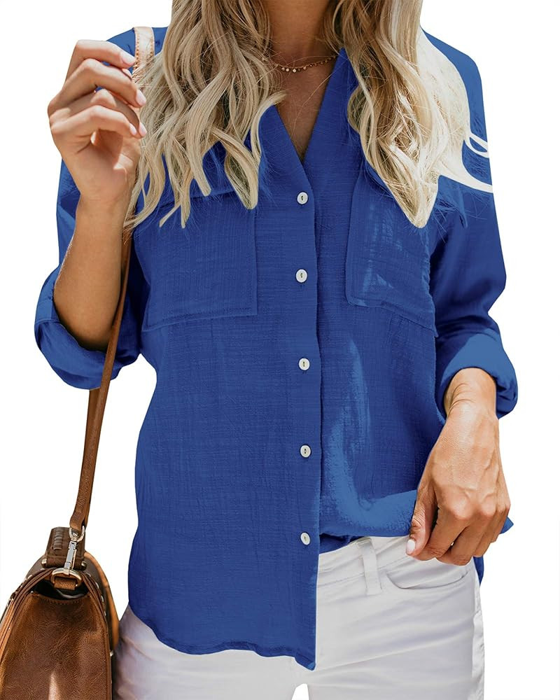 Womens Button Down V Neck Shirts Long Sleeve Blouse Roll Up Cuffed Sleeve Casual Work Plain Tops ... | Amazon (US)