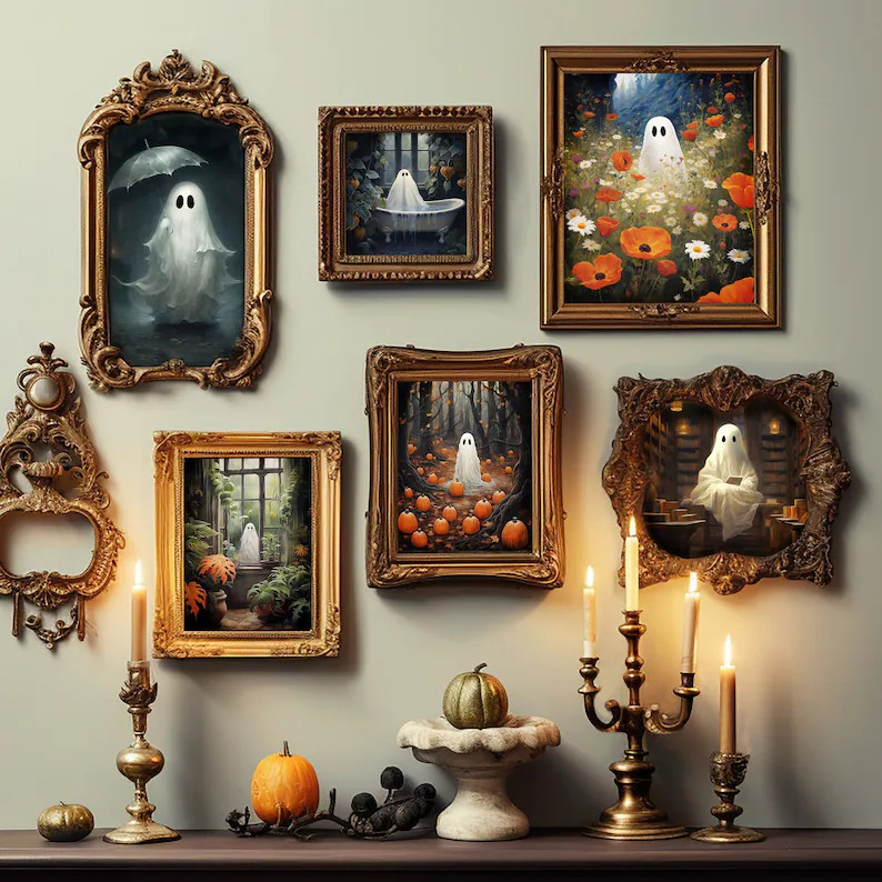 Set of 6 Printable Halloween Ghost Print, Floral Ghost Portrait, Ghost in Woods With Pumpkins, Ba... | Etsy (US)