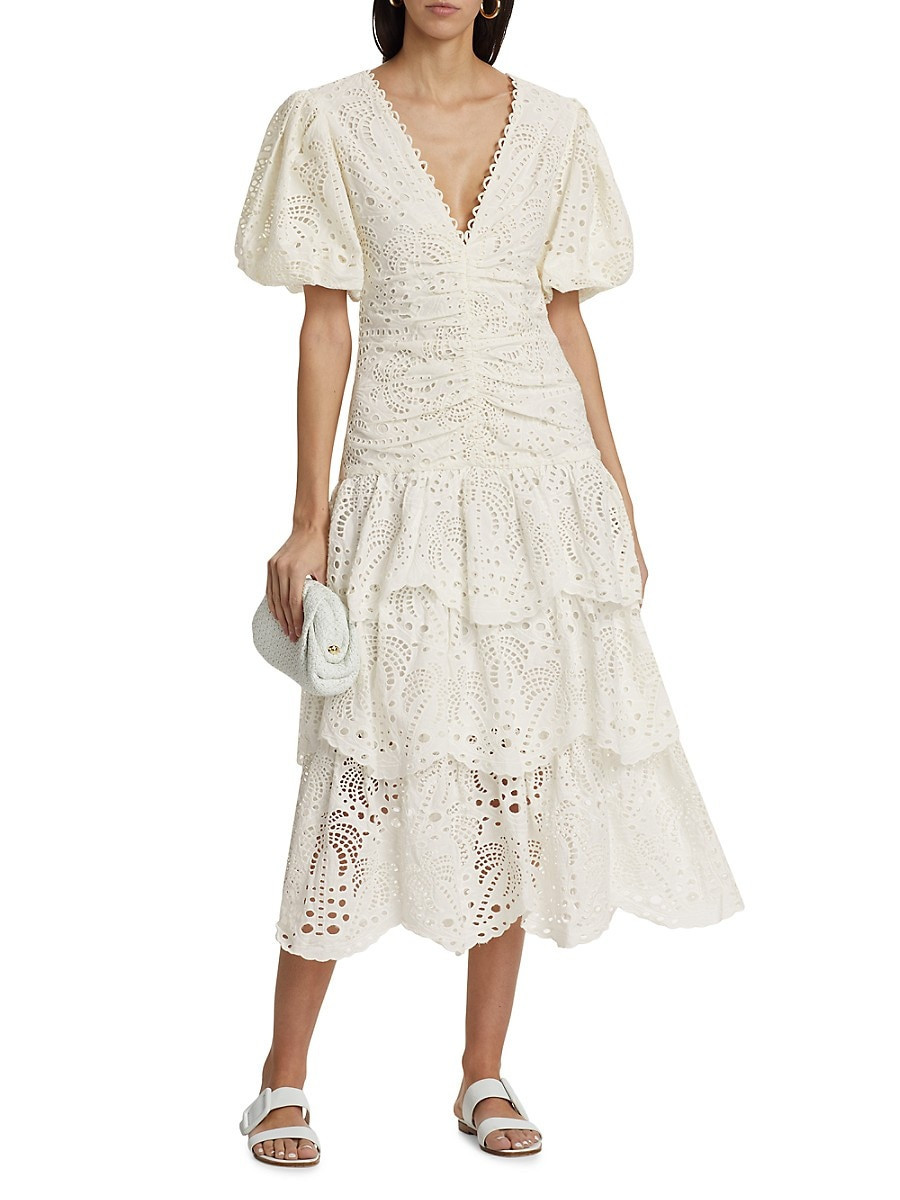 Farm Rio Women's Eyelet Cotton Lace-Up Midi-Dress - Off White - Size XS | Saks Fifth Avenue OFF 5TH
