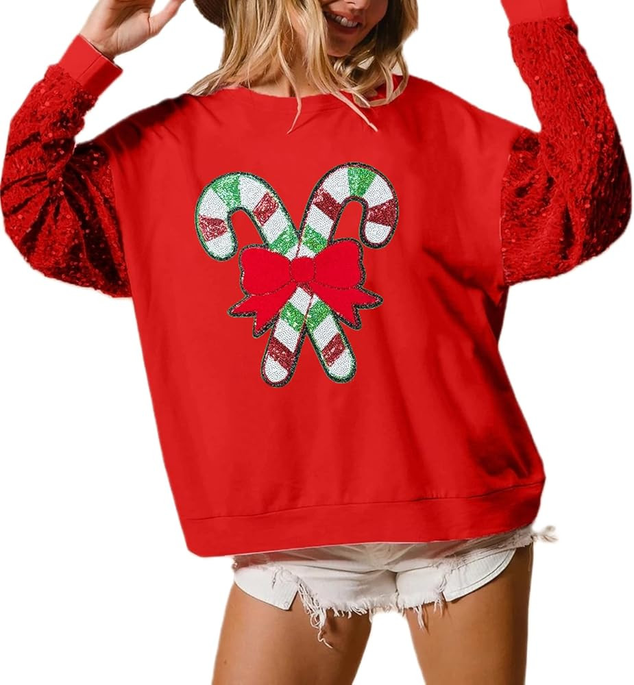 UAURORAO Christmas Sequins Sweatshirts Women Glitter Patch Crewneck Pullover Tops Sparkly Printed... | Amazon (US)