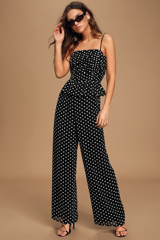 Show Them Up Black Floral Embroidered Peplum Wide-Leg Jumpsuit | Lulus (US)