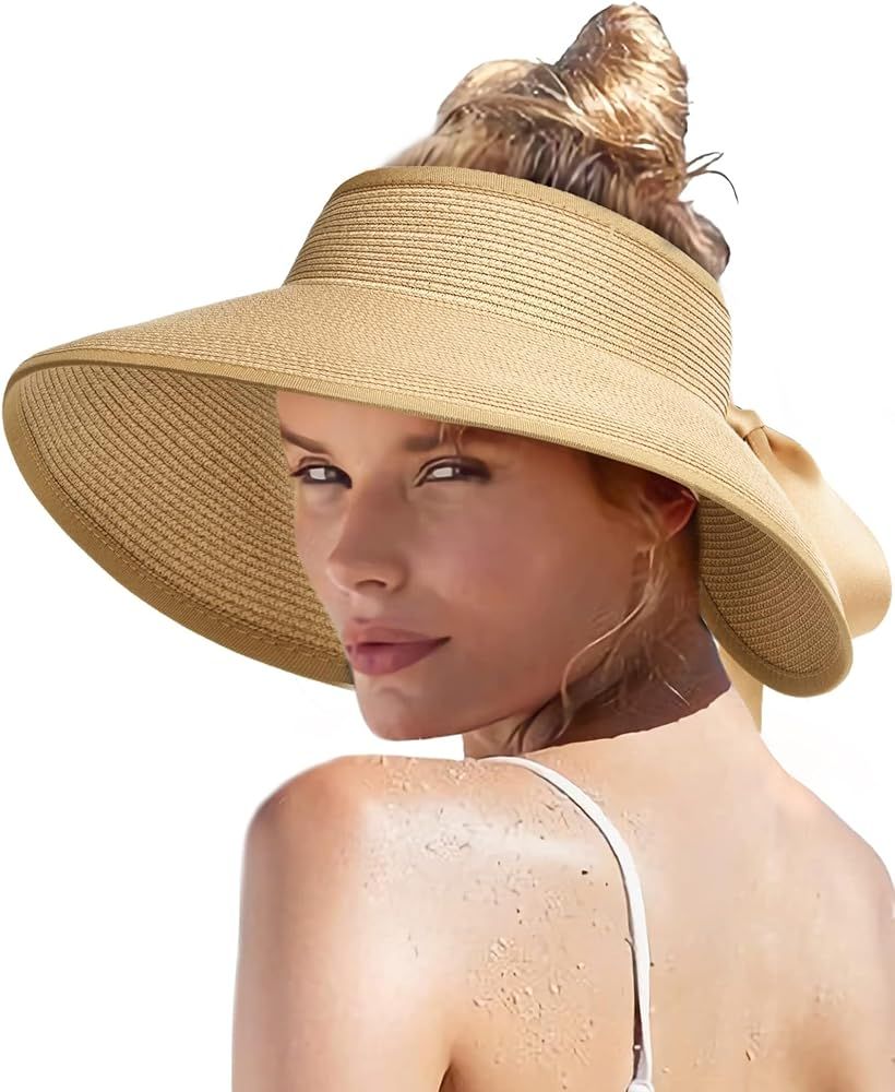 Camptrace UPF 50+ Sun Visors for Women Wide Brim Beach Hat Foldable Straw Visor Hat Ponytail Summ... | Amazon (US)