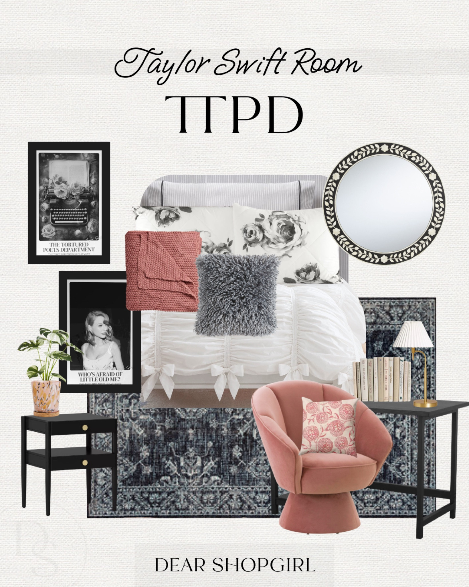 I love you, it’s ruining my life 🖤 a room fit for a tortured poet! Bedroom inspo for the Taylor Swift fan in The Tortured Poets Department style. Mostly black and white decor with a pop of blush. White bedding, pink chair, dark rug, black furniture, Taylor swift wall art, inlay mirror, rose shams, pottery barn loveshackfancy bow bedding, chunky knit throw

#LTKHome #LTKFindsUnder100 #LTKKids