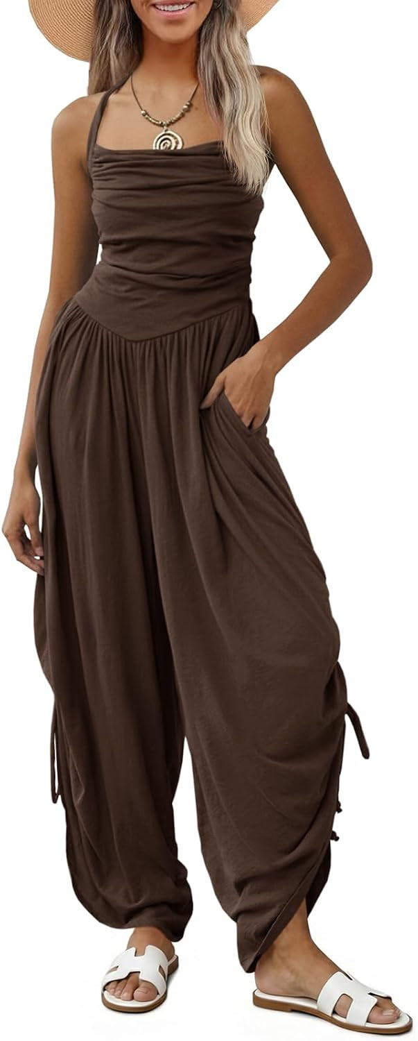 Fisoew Womens Casual Jumpsuits Summer Halter Straps Sleeveless Overalls Ruched Barrel Wide Leg Side-Cinch Long Pant Rompers | Amazon (US)