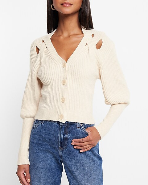 V-Neck Balloon Sleeve Criss Cross Cutout  Cropped Cardigan | Express
