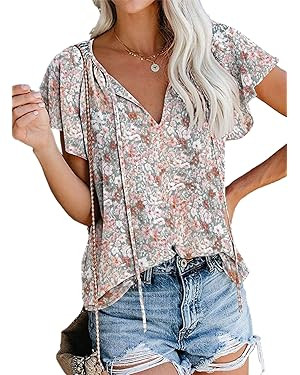 SimpleFun Women's Boho Tops Floral V Neck Short Sleeve Summer Blouse Shirts | Amazon (US)