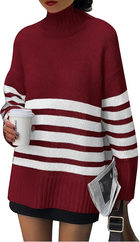 PRETTYGARDEN Women Oversized Striped Turtleneck Sweater 2025 Fall Fashion Long Sleeve Pullover Wi... | Amazon (US)