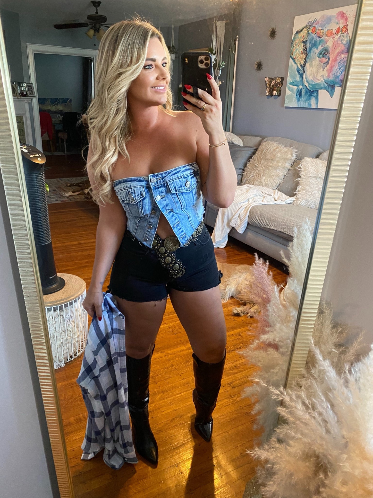 Country concert outfit idea! Love this jean crop top, stretchy and stayed up all night. 

#LTKautumn #LTKStyleTip #LTKFindsUnder50