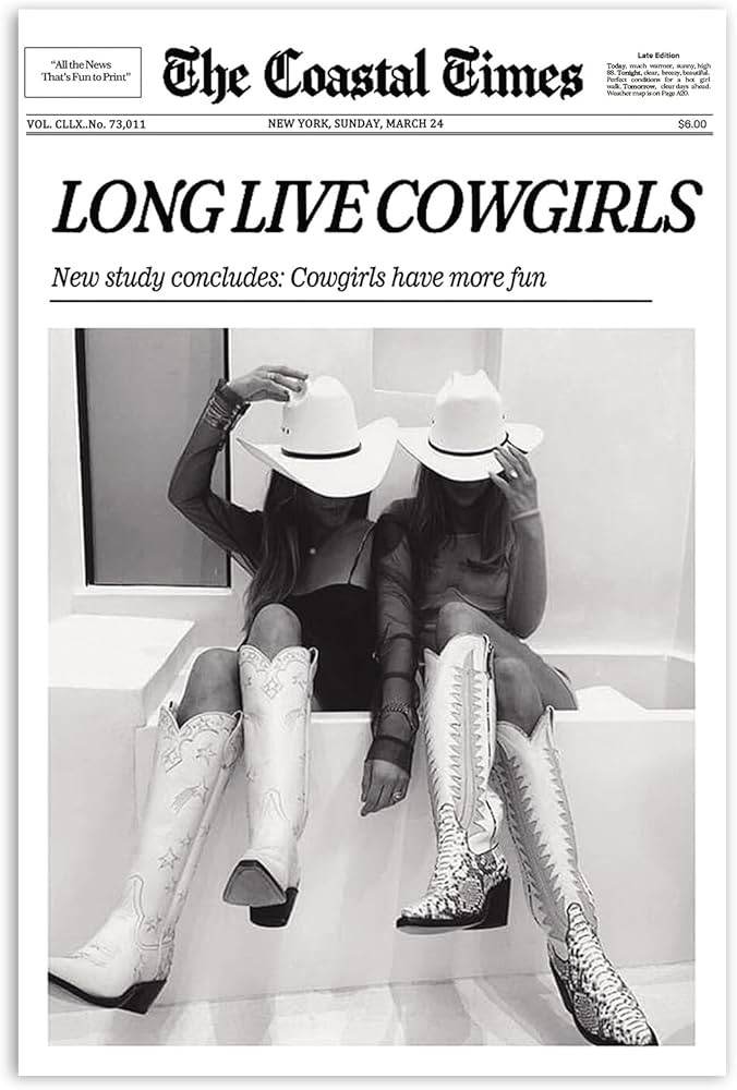 VOUHAN Black and White Vintage Coastal Cowgirl Canvas Wall Art, Retro Funky Coastal Times News Pa... | Amazon (US)