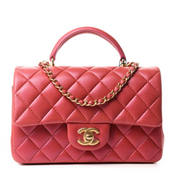 CHANEL Iridescent Lambskin Quilted Mini Top Handle Rectangular Flap Red | Fashionphile
