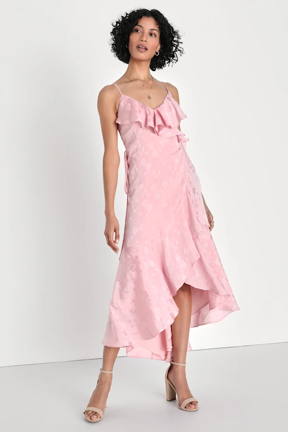 Exquisite Presence Blush Floral Jacquard High-Low Wrap Dress | Lulus