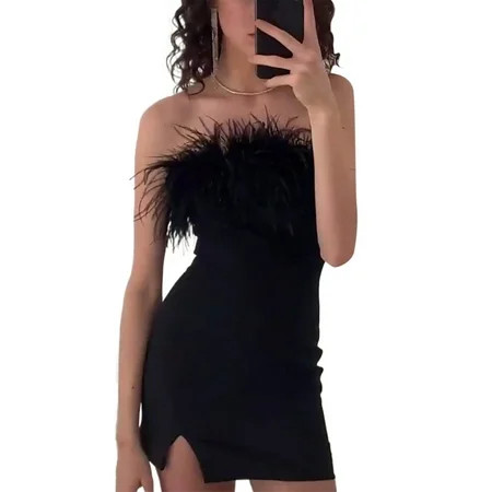 Suanret Summer Dresses for Women Bodycon Dress Feathers Boat Neck Sleeveless Strapless Mini Dress Cl | Walmart (US)