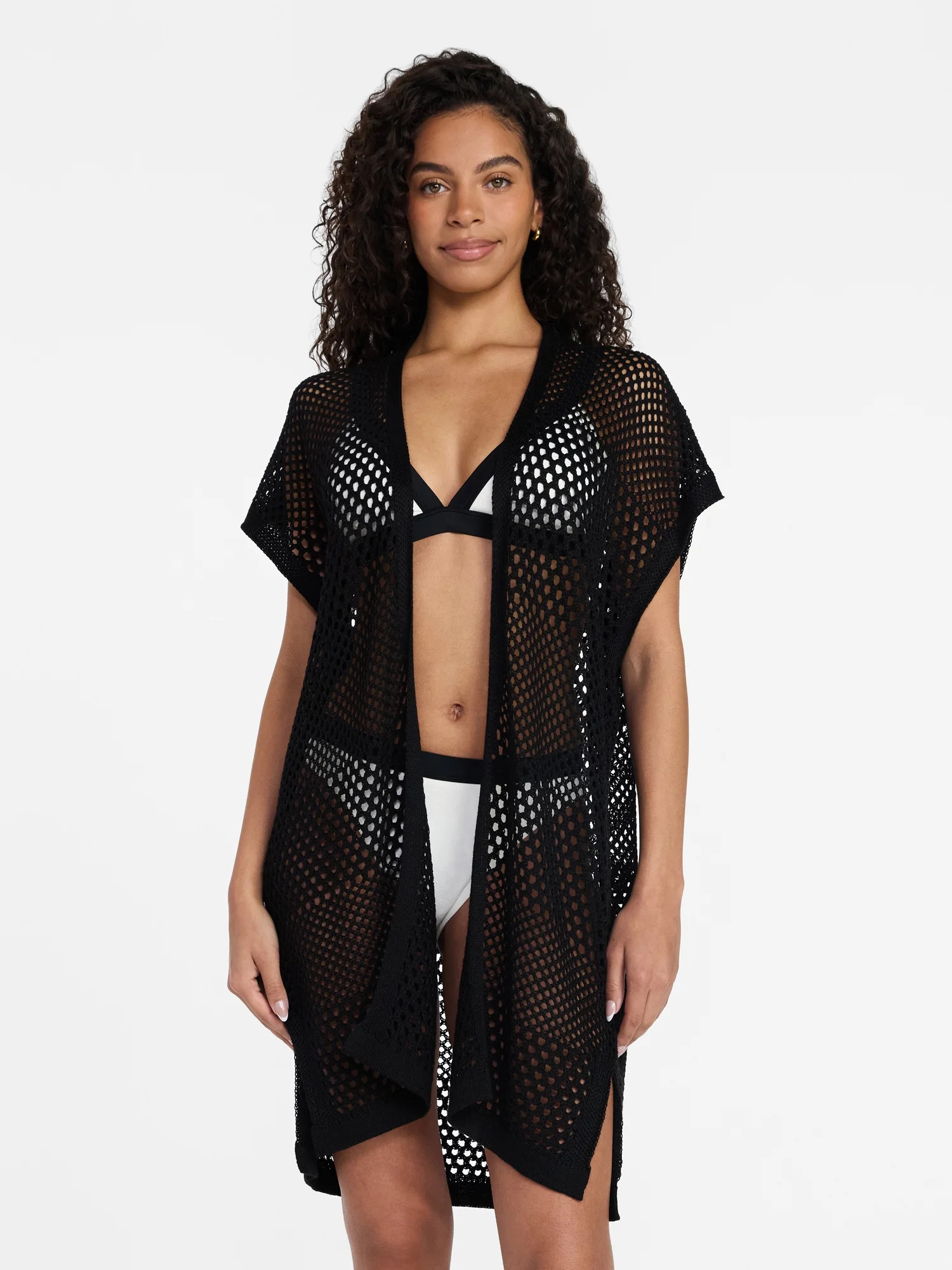 Time and Tru Women's Openwork Knit Coverup, Size L/XL, Black Soot | Walmart (US)