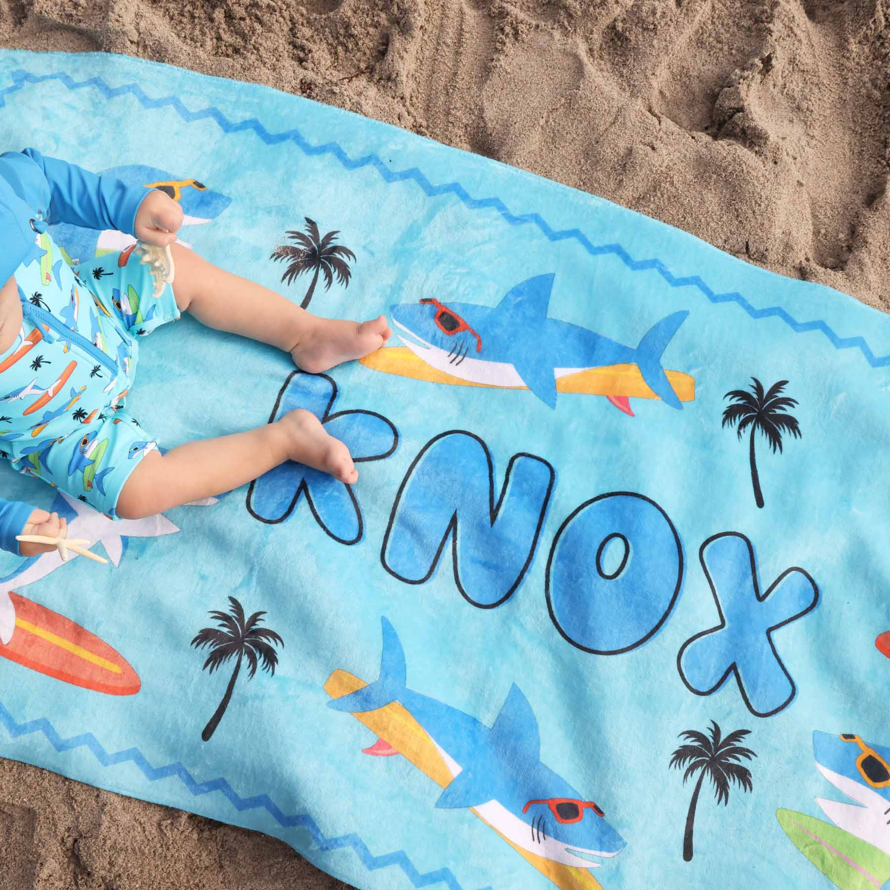 Surfin' Sharks Personalized Kids Beach Towel | Caden Lane