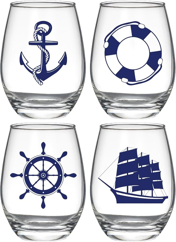 Nautical Stemless Wine Glasses Set of 4, Nautical Gifts for Boaters, Birthday Gift for Sailor, An... | Amazon (US)