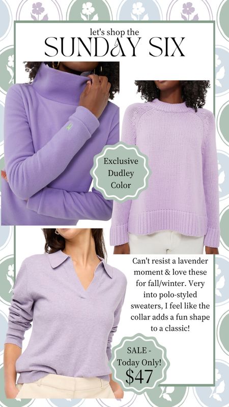 Crushing on lavender! These sweaters are so pretty for call and winter. Pair with dark jeans or ivory jeans and white sneakers or tall boots. The polo sweater is on sale for only $47!

Exclusive Dudley Stephens color, crewneck sweater, jcrew style, affordable, mom style, fall fashion, preppy, classic, sale #jcrew #lavender #sweater #sale 

#LTKsalealert #LTKstyletip #LTKunder50