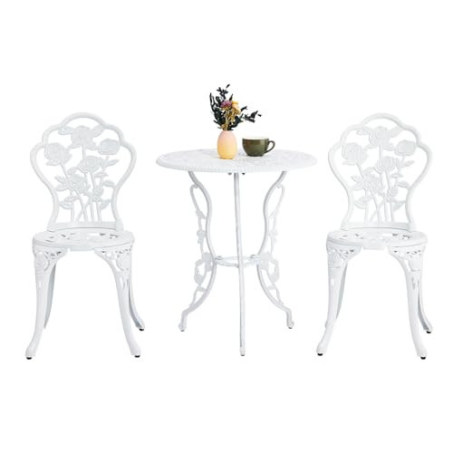 VINGLI 3 PCS Outdoor Bistro Set, Outdoor Patio Set, All-Weather Cast Aluminum Bistro Table Set, Bistro Table and Chairs Set of 2 for Backyard, Garden, Balcony (White, Rose) | Amazon (US)