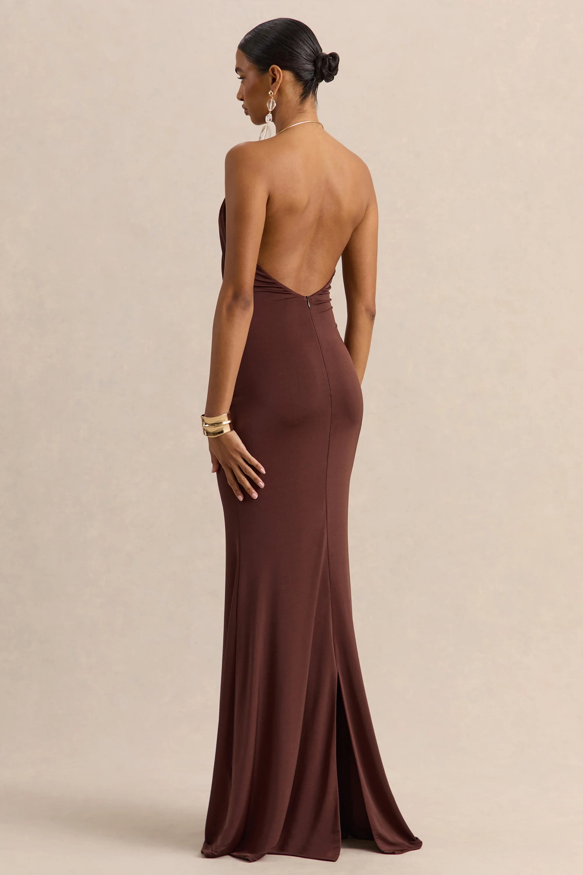 Chanterra  Brown Halter-Neck Maxi Dress With Draped-Detailing | Club L London