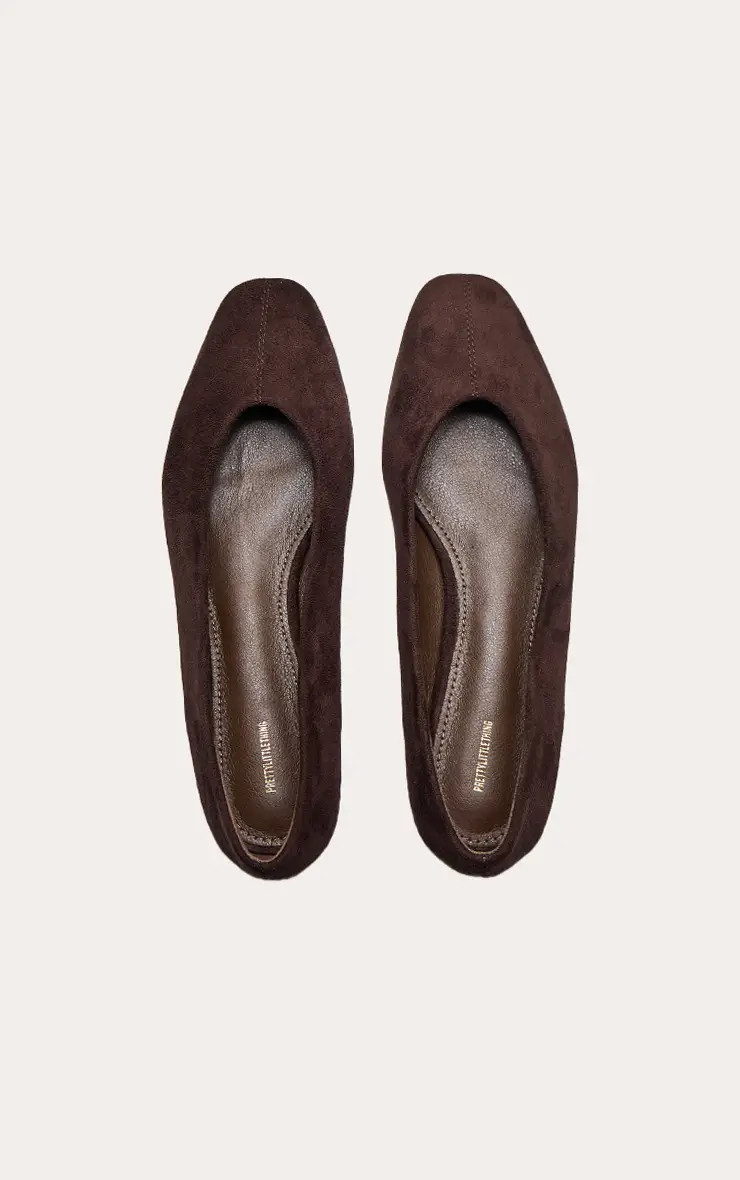 Chocolate Faux Suede Square Toe Seam Detail Ballet Flats | PrettyLittleThing | PrettyLittleThing UK