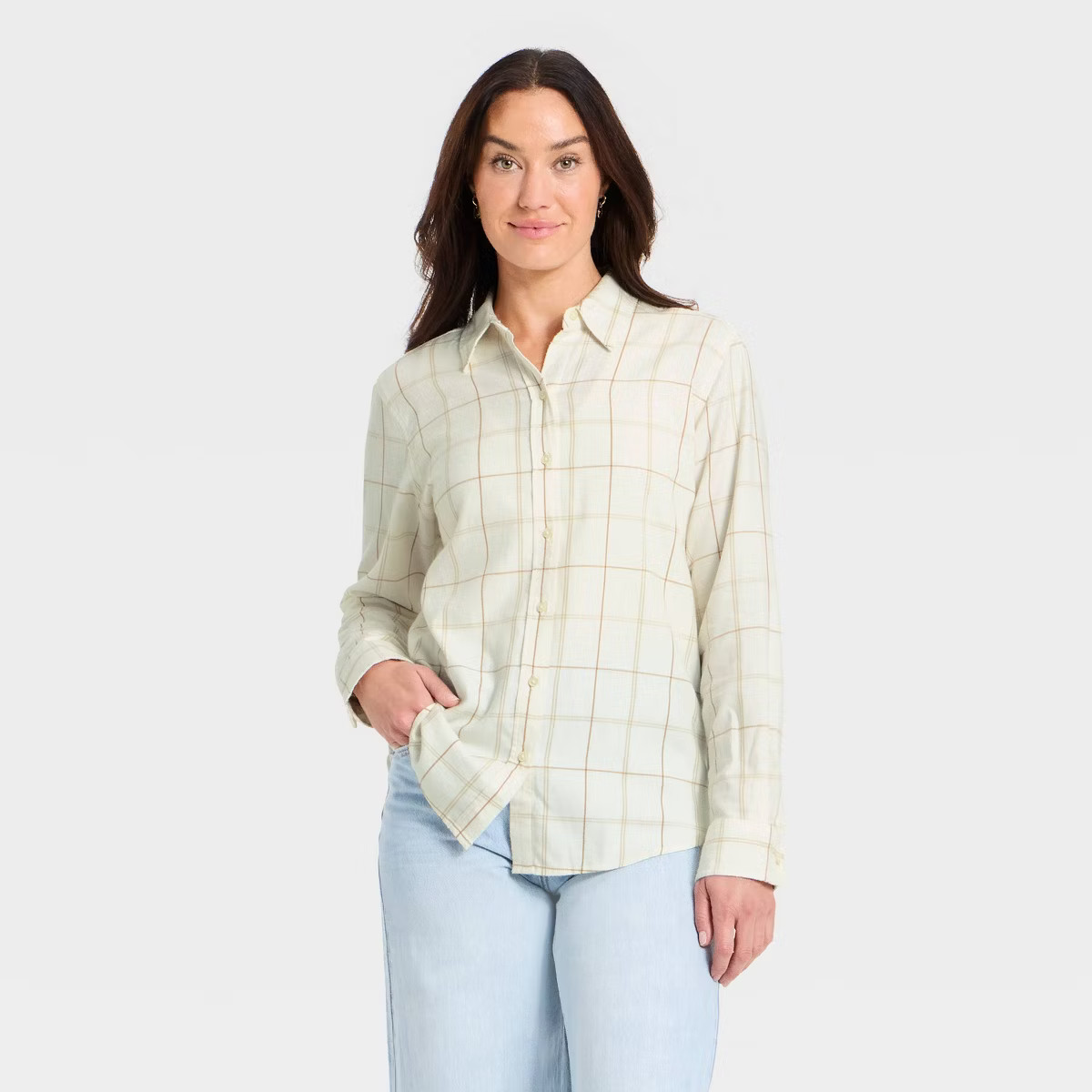 Women's Long Sleeve Collared Flannel Button-Down Shirt - Universal Thread™ Green Plaid XS | Target