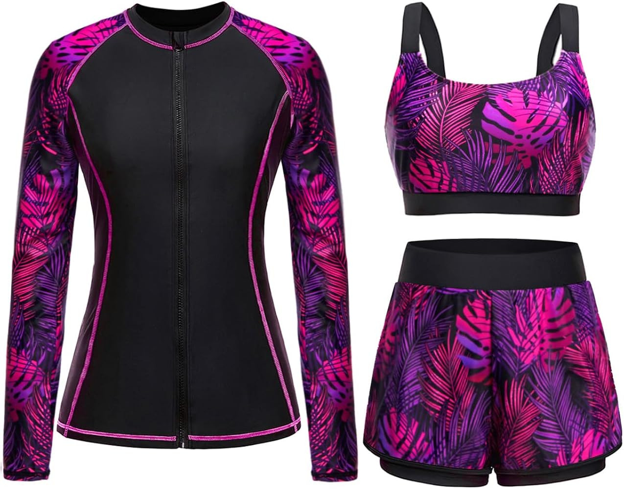 3 Piece Rash Guard for Women - Long Sleeve Swimsuits with Shorts SPF Zip up Swim Shirt with Built... | Amazon (US)