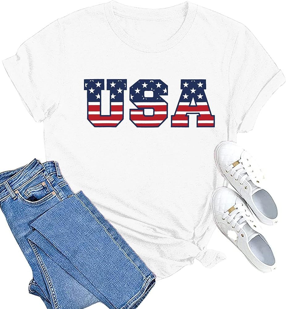 MAIHUN American Flag Shirts for Women 4th of July T-Shirt USA Print Patriotic Shirt Stars and Str... | Amazon (US)