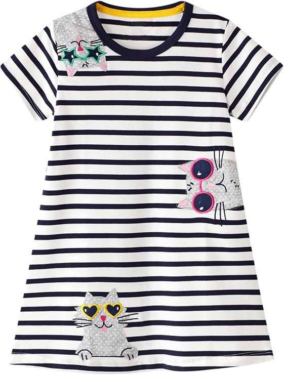 FreeLu Toddler Girls Striped Summer Dress Cartoon Appliques Dresses Girls Cotton Casual Clothing ... | Amazon (US)