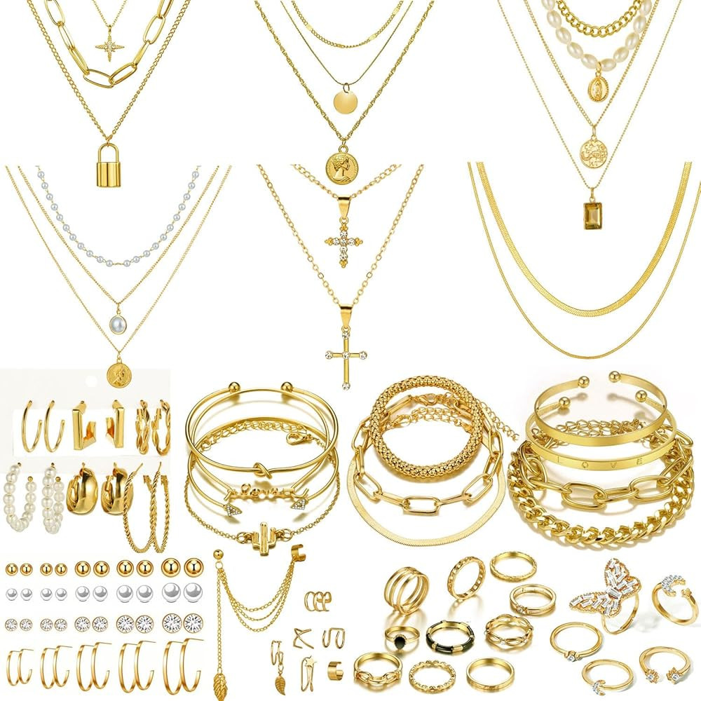 73 Pcs Gold Jewelry Set with 6Pcs Layered Necklace, 11 Pcs anklet and 7Pcs Earring Ear Cuff,12Hoo... | Amazon (US)