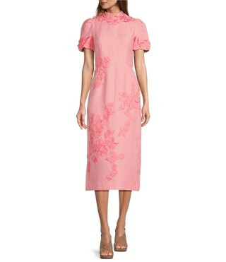 Willow Floral Applique Mock Neck Short Sleeve Midi Dress | Dillard's