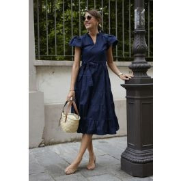V-Neck Flutter Sleeve Ruffle Cotton Dress in Navy | Chicwish