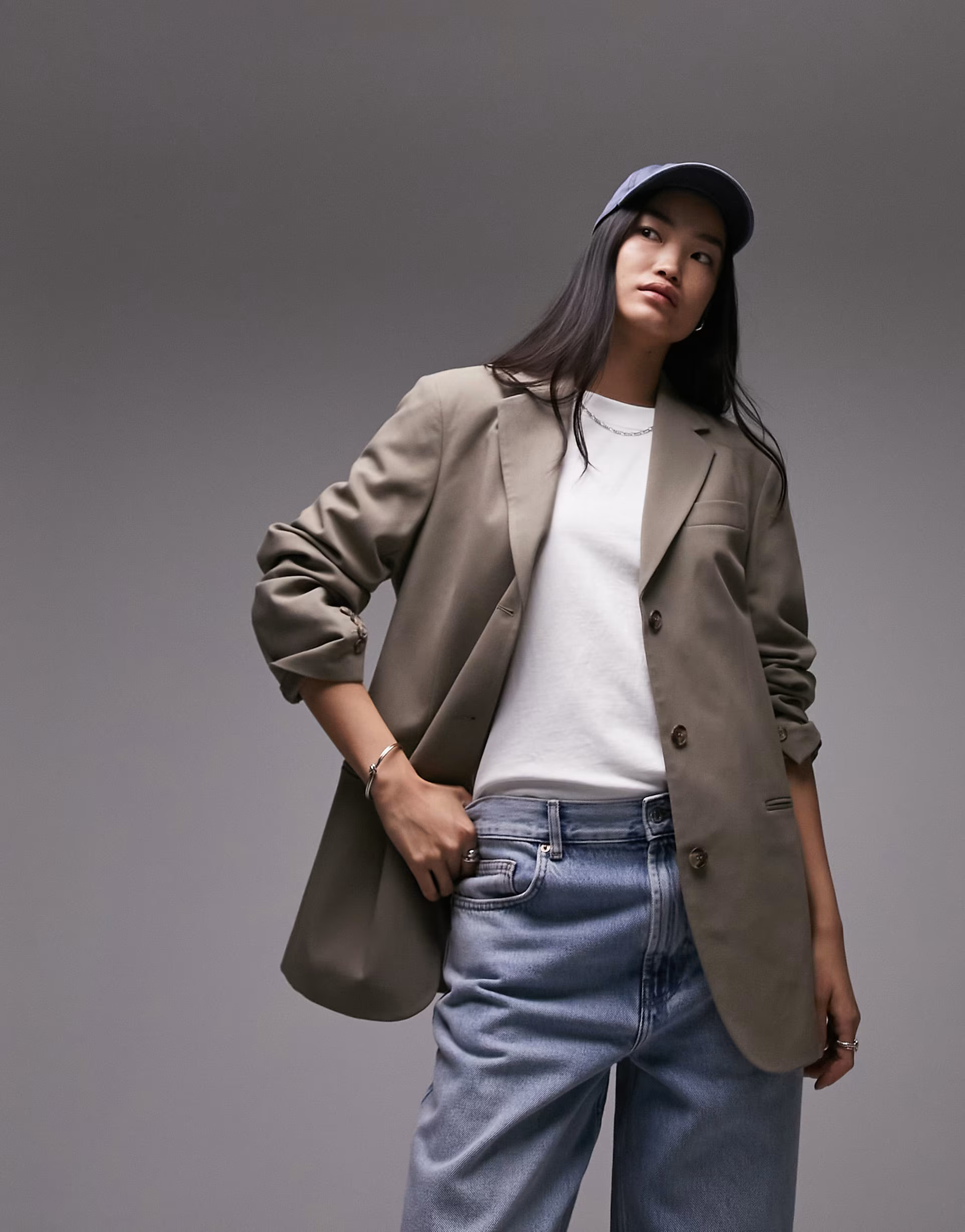 Topshop co-ord oversized strong shoulder blazer in dark stone | ASOS (Global)