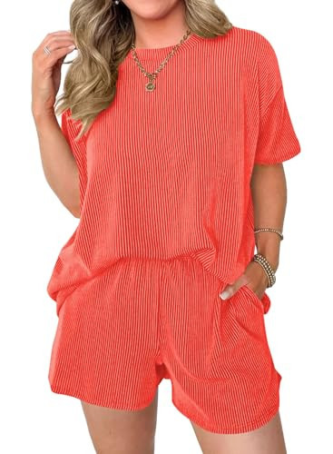 miduo 2 Piece Outfits for Women Lounge Matching Sets Ribbed Textured Knit Casual Short Sleeve Shirts Shorts Sets Orange L | Amazon (US)