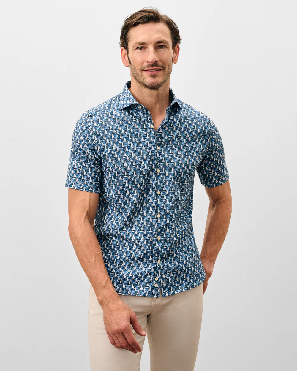 Tencel Blend Short Sleeve Button Down Shirt - Sailboat Print | johnnie O