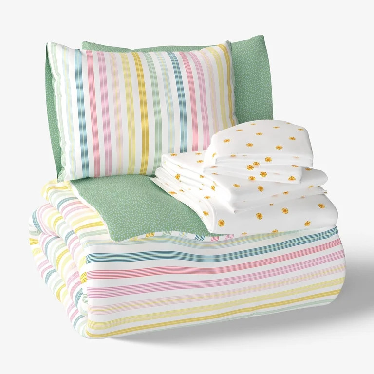 Mainstays Kids Rainbow Stripe Reversible Comforter Set with Sheets, Full, 7 Pieces | Walmart (US)