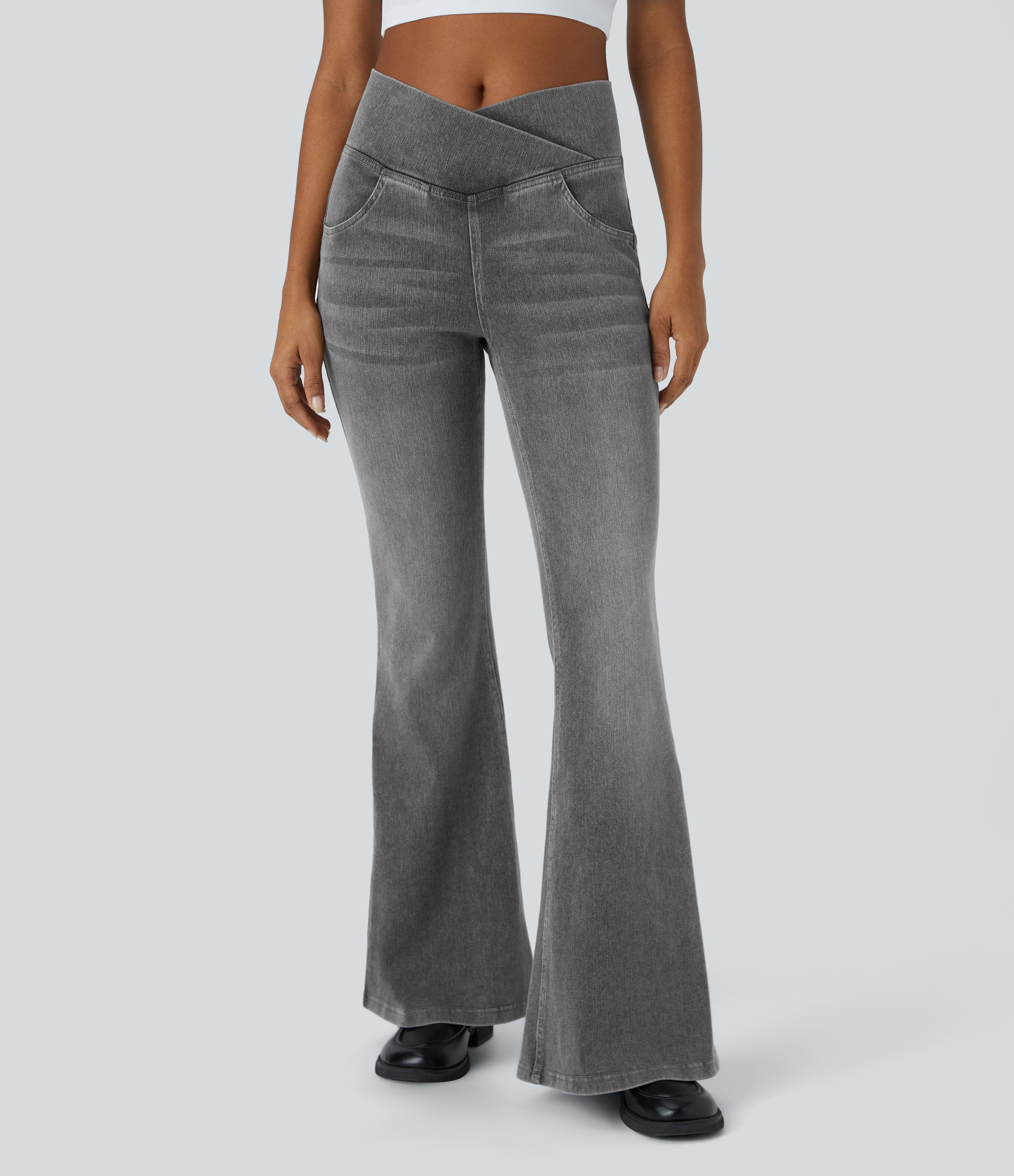 Halara Halara Flex™ High Waisted Crossover Pocket Washed Casual Flare Jeans - Black Iron Gray Denim - M(regular) | HALARA