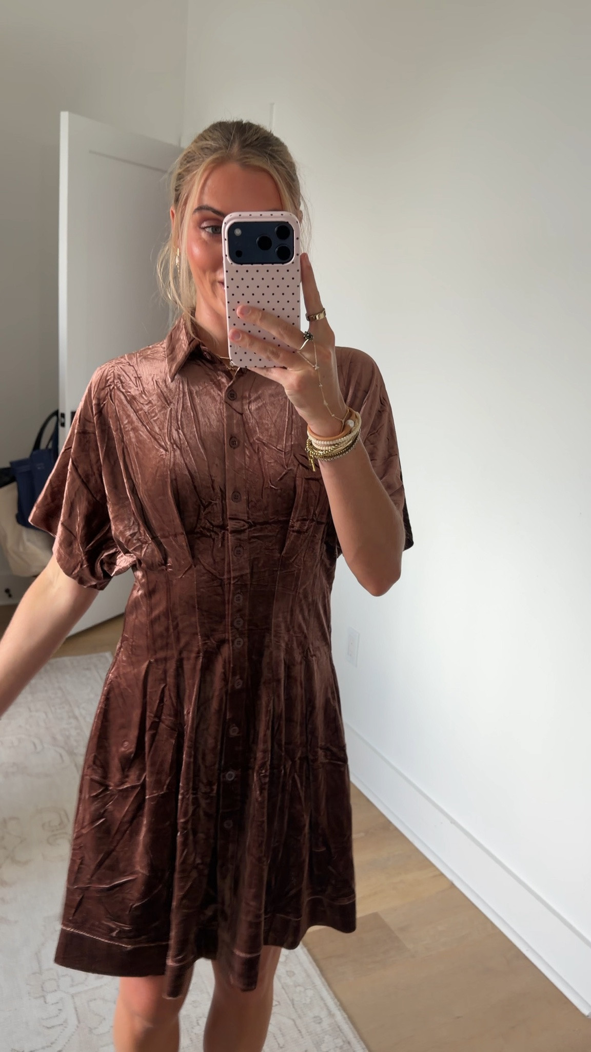 Amazon size small Athlisan Womens Velvet Mini Dress Short Sleeve Button Down Pleated Waist Shirt Dress with Pockets