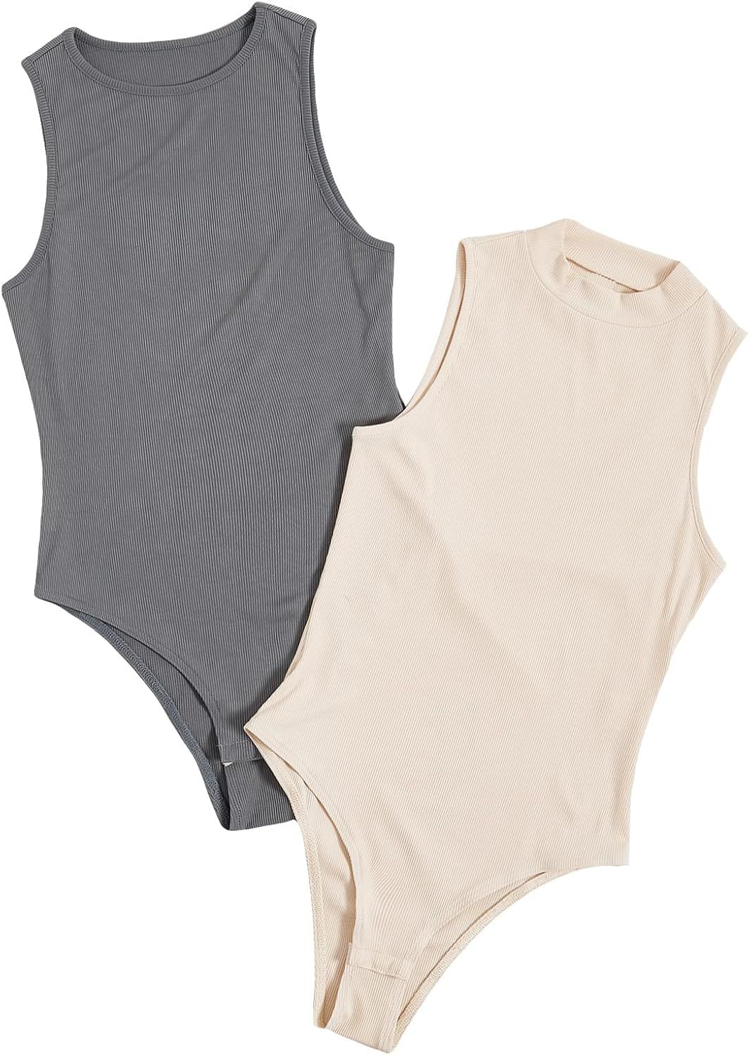 MakeMeChic Women's 2 Pack Casual Solid Round Neck Sleeveless Bodysuit Tank Tops | Amazon (US)