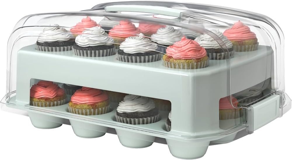 Cupcake Carrier, Green Cupcake Holder Carries 24 Standard-Size Cupcakes, Muffin Traveler Two Tier... | Amazon (US)