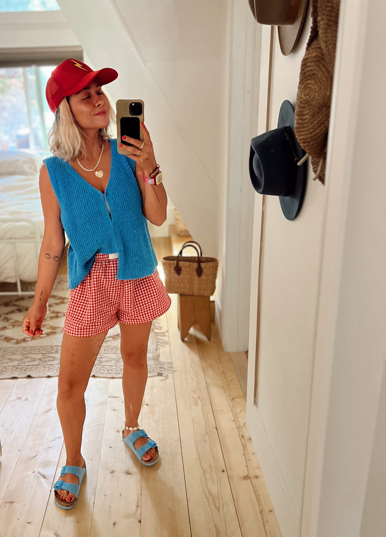 Summer ootd on repeat: gingham boxer shorts, bright colored vest, trucker hat and Birkenstock sandals 

#LTKSeasonal #LTKShoeCrush #LTKStyleTip