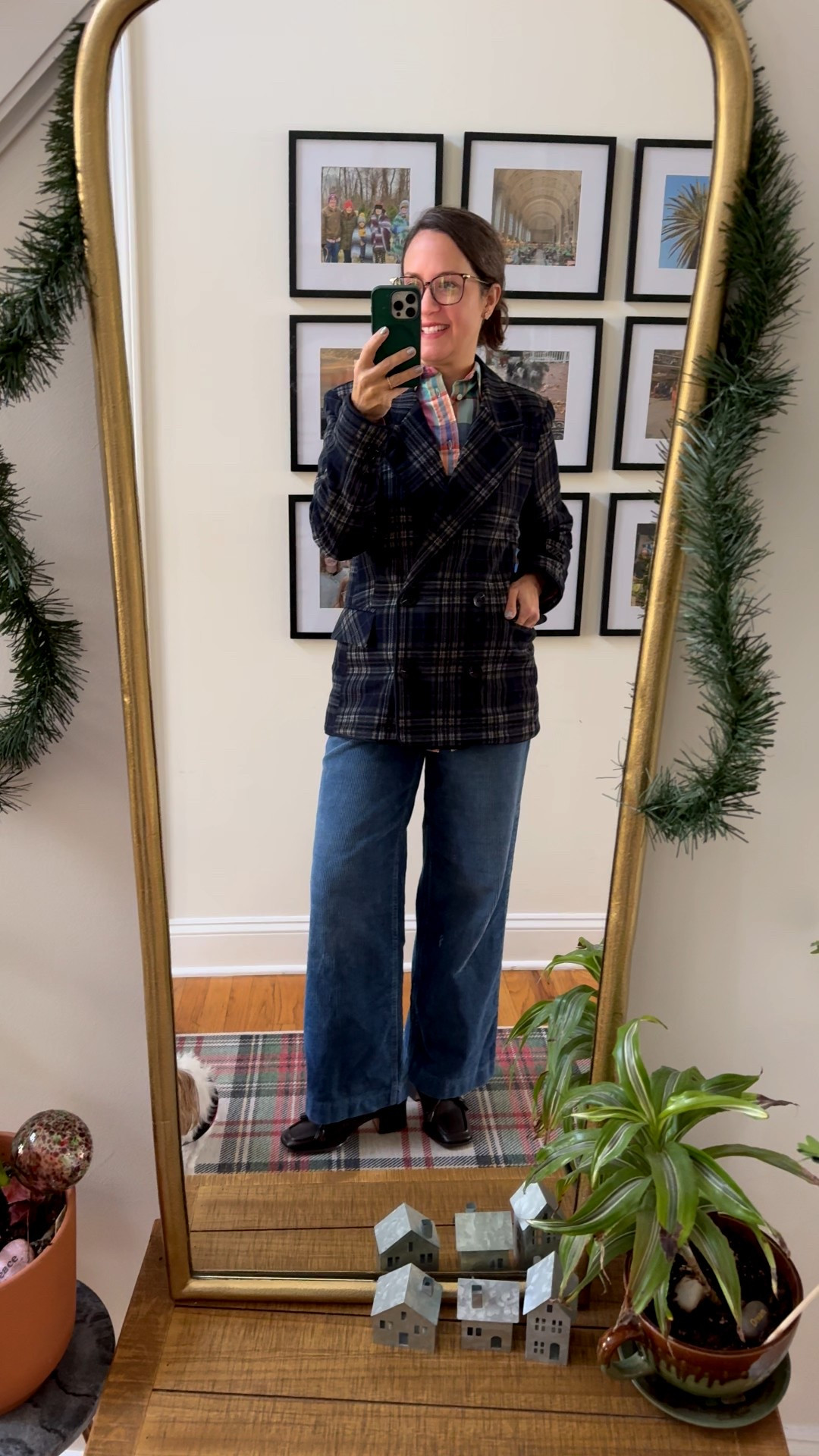 Business casual meeting attire. Ralph Lauren plaid blouse, plaid blazer, blue corduroy wide leg pants, heeled loafers with socks 🧦 

#LTKWorkwear #LTKootd #LTKdayinmylife