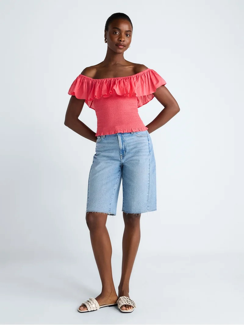 Scoop Women’s and Women’s Plus Off-the-Shoulder Smocked Ruffle Cotton Top, Sizes XS-4X | Walmart (US)