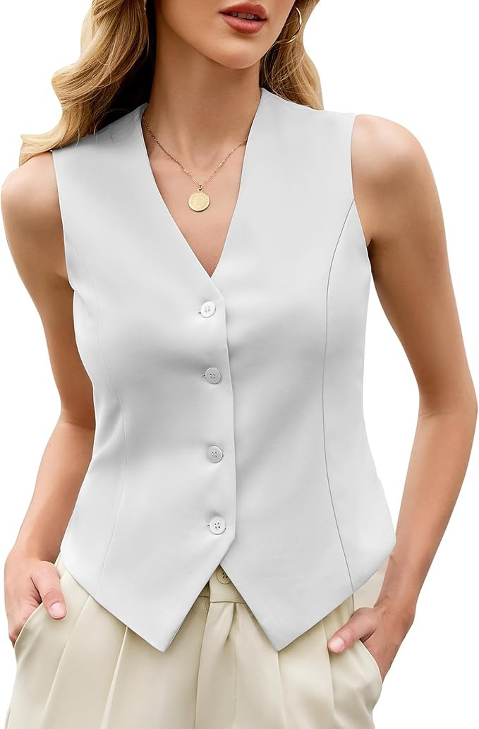 Vest Tops for Women Sleeveless V Neck Button Down Summer Vest Business Casual Fitted Waistcoat | Amazon (US)