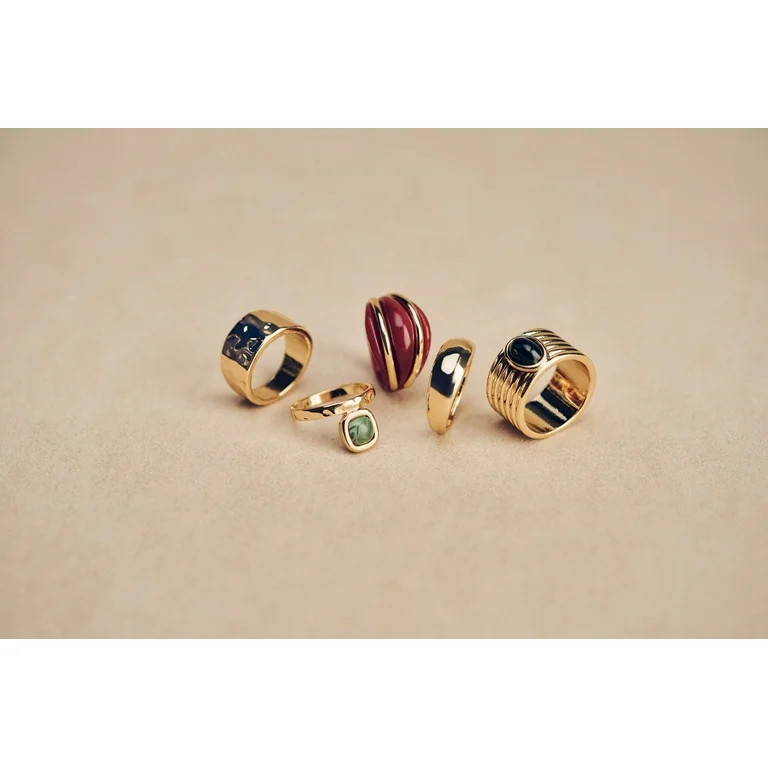 Time and Tru Women’s Resin and Metal Ring Set, 5-Piece, Gold-Tone - Walmart.com | Walmart (US)