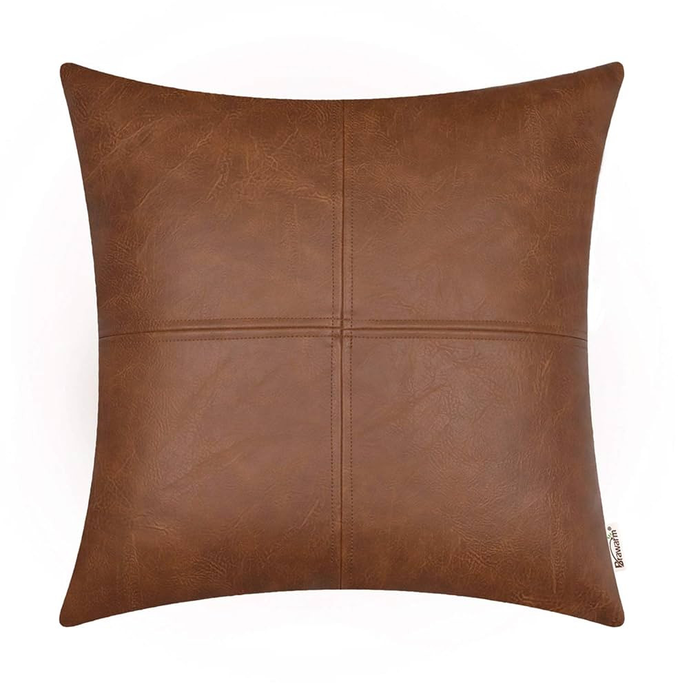 BRAWARM Faux Leather Throw Pillow Covers 22 X 22 Inches, Brown Leather Pillow Cover, Hand Stitche... | Amazon (US)