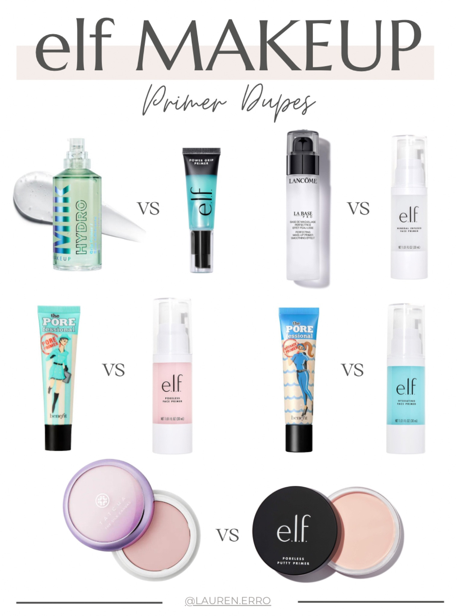 Elf makeup primer dupes! 
.
.
.
Elf power grip primer, elf mineral infused primer, elf hydrating primer, elf poreless primer, elf putty primer, tatcha silk canvas dupe, benefit porefessional dupe, Lancôme la base smoothing makeup primer dupe, milk hydro grip primer dupe

#LTKfindsunder50 #LTKstyletip #LTKbeauty