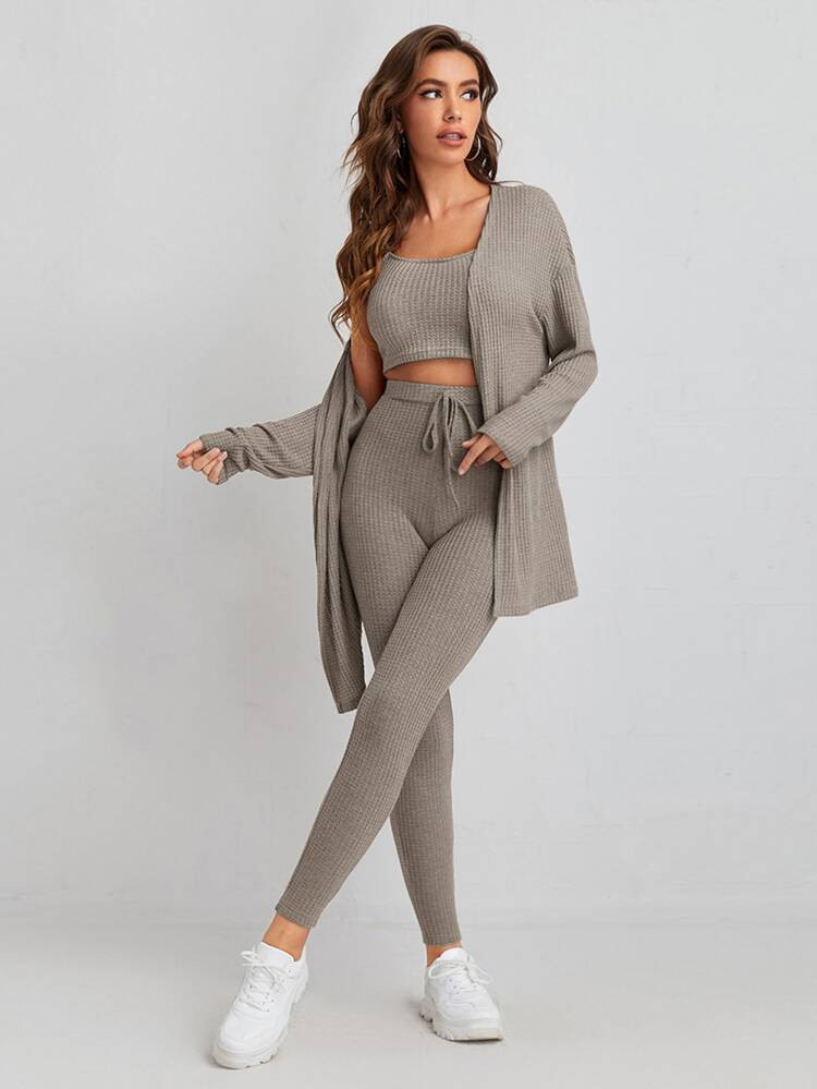 SHEIN Felegant Waffle Knit Tank Top And Leggings Set With Coat | SHEIN