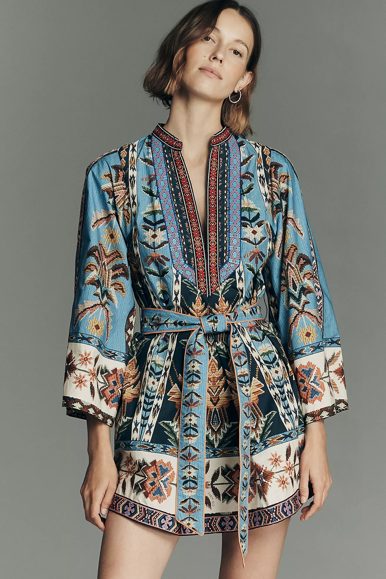 Farm Rio Tie-Front Long-Sleeve Plunge Mini Dress | Anthropologie (US)