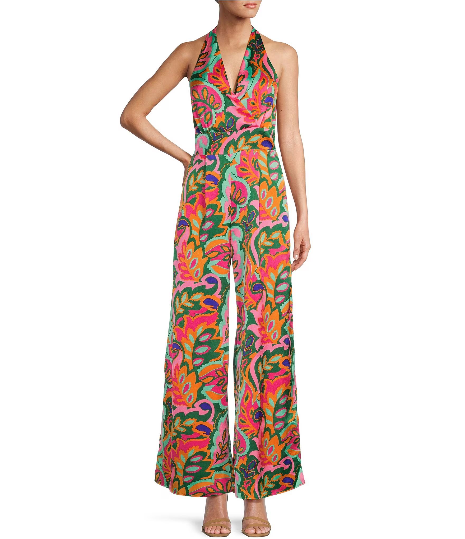 Satin Tropical Print Halter Neck V-Neck Sleeveless Jumpsuit | Dillard's