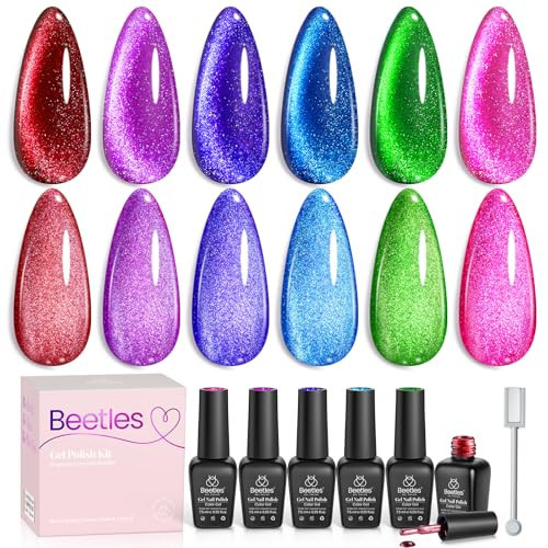 Beetles Cat Eye Gel Nail Polish, 6 Colors Cat Eye Glitter Gel Polish Set Neon Red Pink Purple Blue Green with Magnet Velvet Gel Kit Soak Off UV French Nail Art Manicure Spring Gift for Women | Amazon (US)