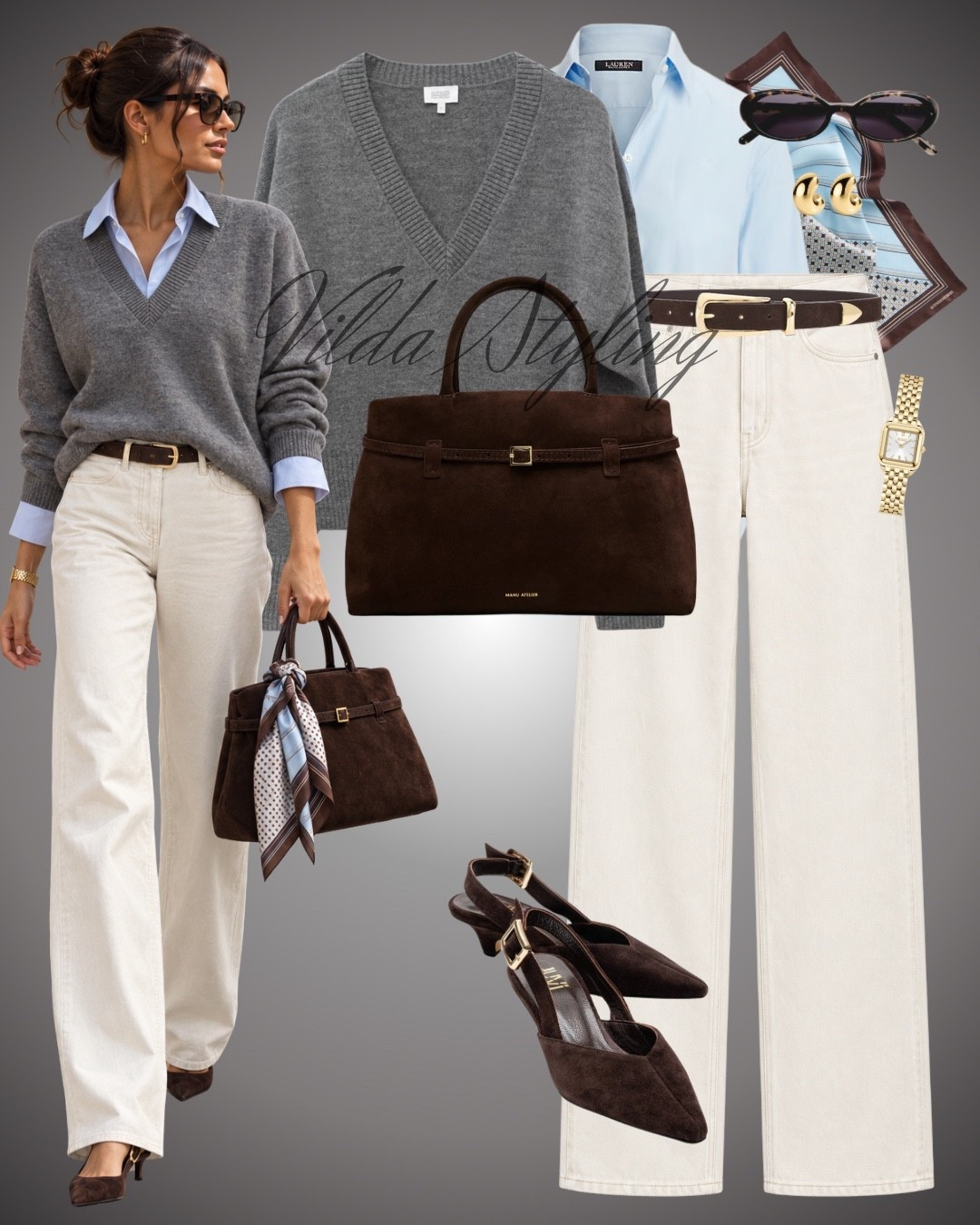 Soft layers, effortless elegance 🤍 A grey V-neck knit over a light blue shirt, styled with cream wide-leg jeans and rich brown accessories. An easy look for autumn days.

#LTKautumn #LTKworkwear #LTKstyletip